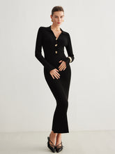 Metal-Button Bell-Sleeve Sweater Long Dress